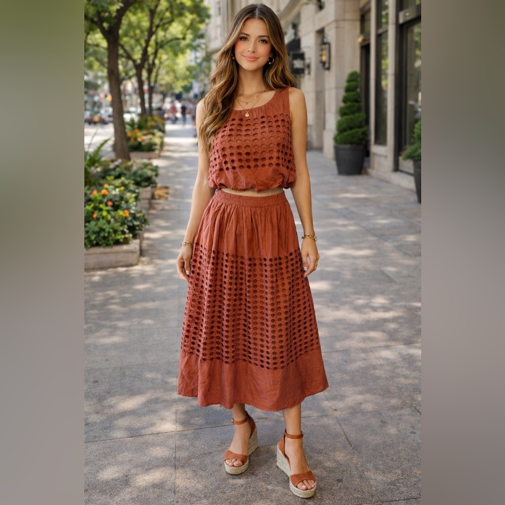 NWT jennifer and grace two piece eyelet auburn skirt top set nwt